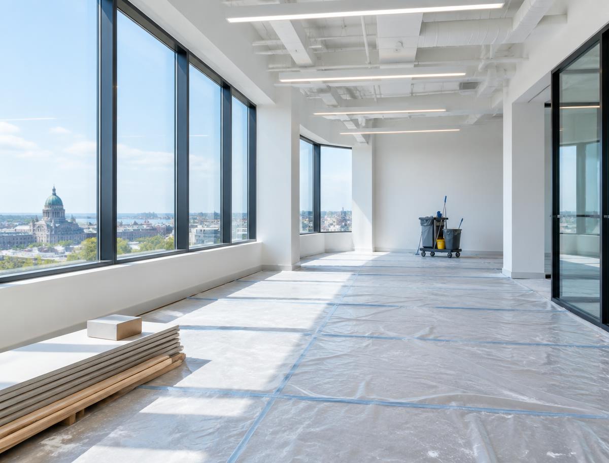 Espace commercial rénové préparé pour un nettoyage après travaux, image représentative